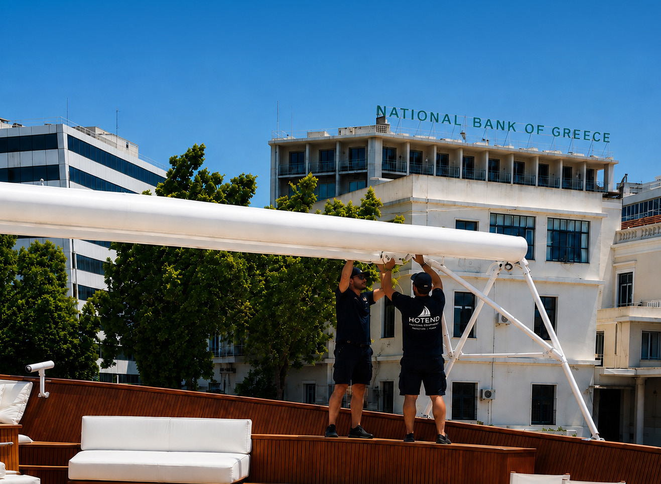 HOTEND team working on the awning aboard M/Y Christina Onasis, from the company's archive