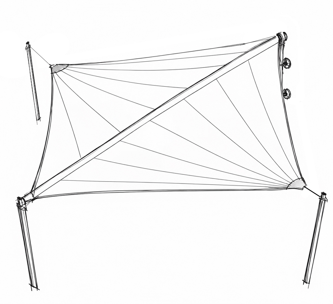 HTC I sail-system drawing showing two triangular fabric panels, a diagonal winding tube, support poles and tensioning lines