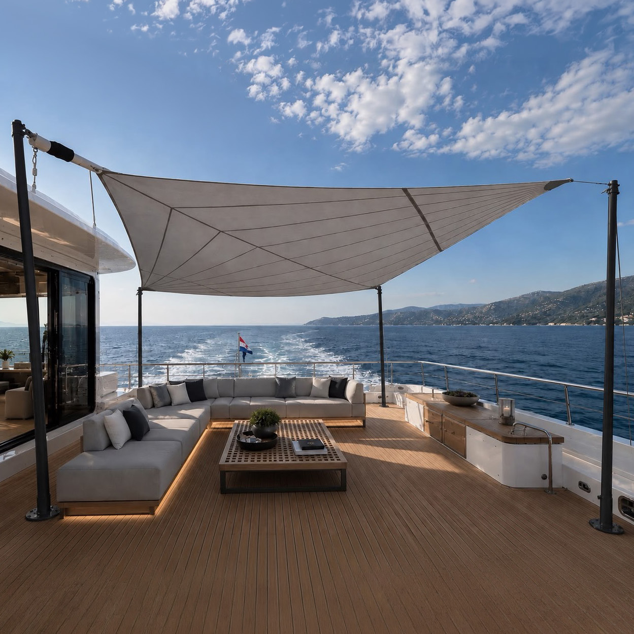 HOTEND concept visual showing a tailored sail above a yacht's outdoor lounge