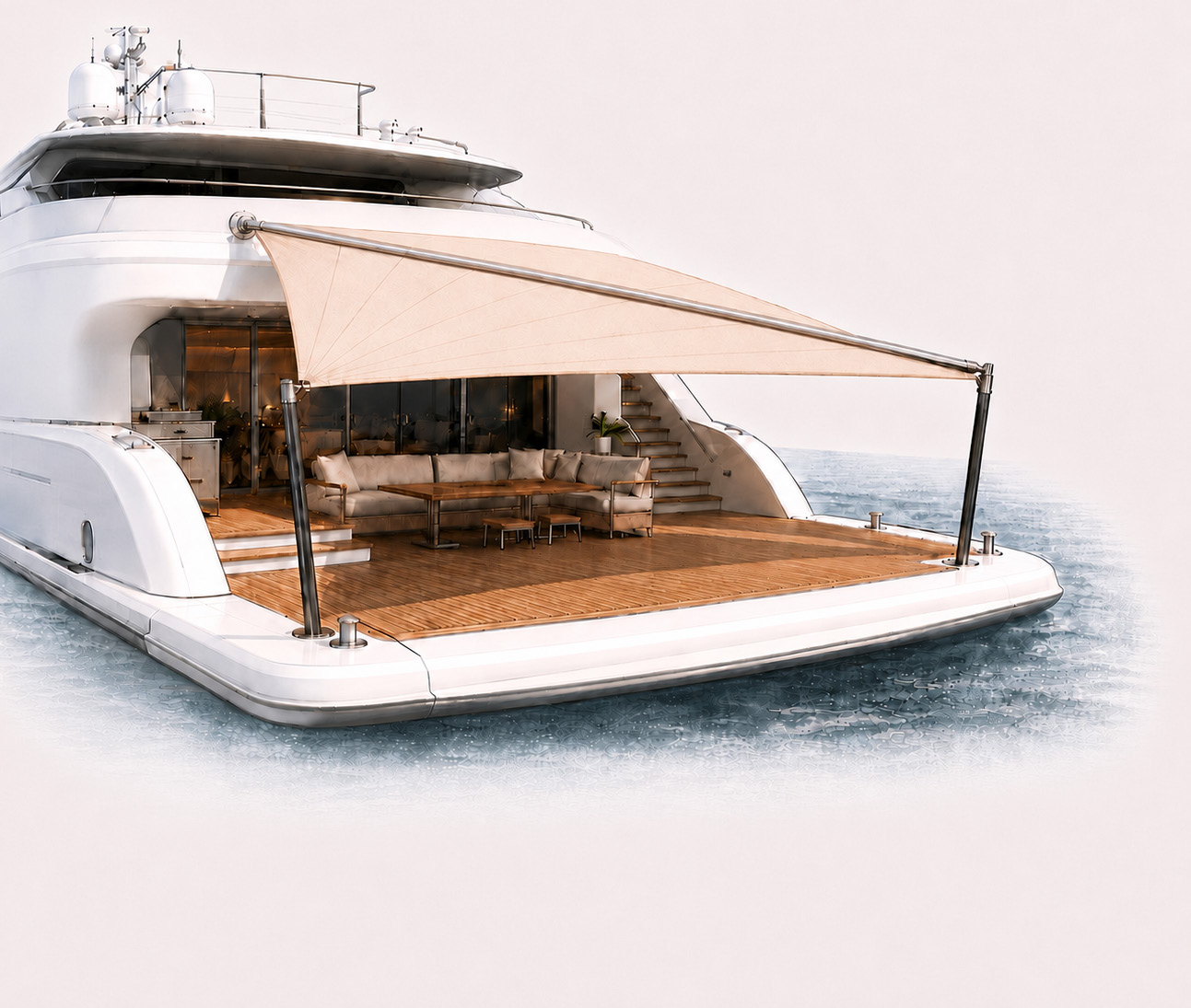 HOTEND product visual showing bespoke sails, carbon-fibre poles and flush deck mounts on a superyacht